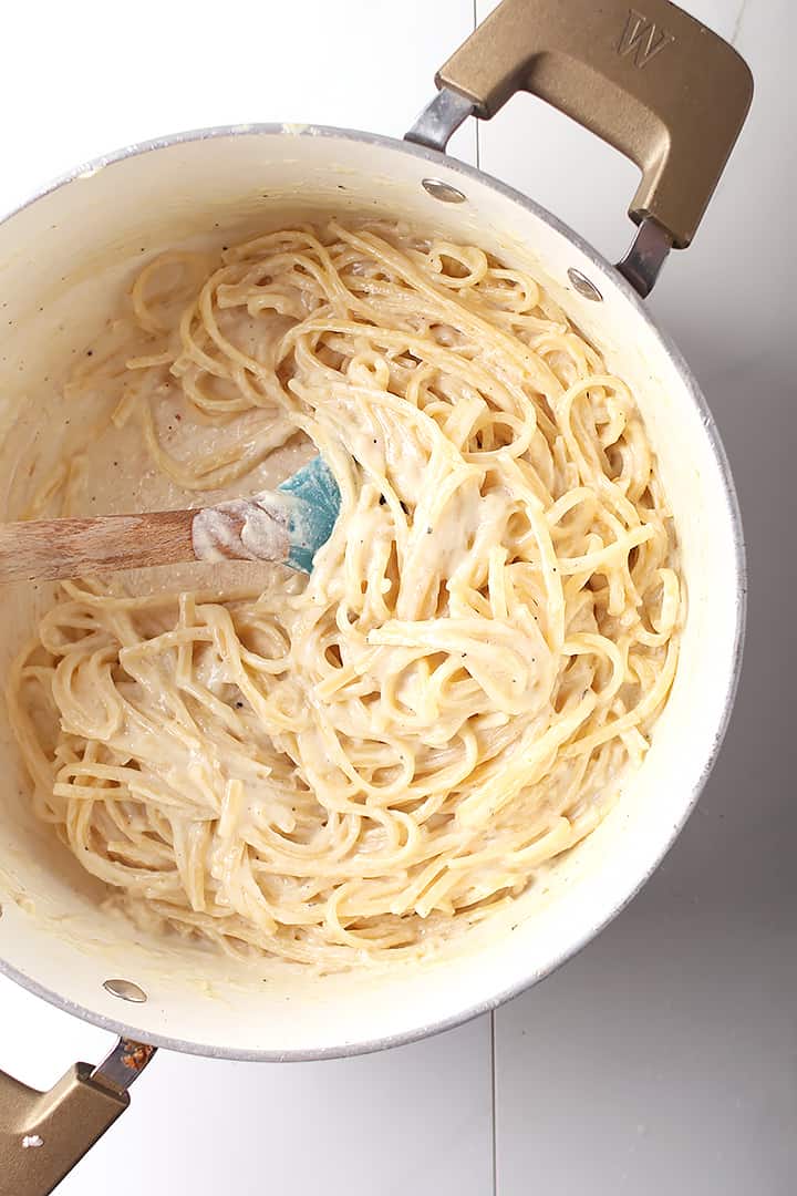 Creamy pasta in soup pot