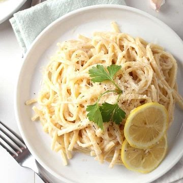 Vegan lemon pasta on white plate