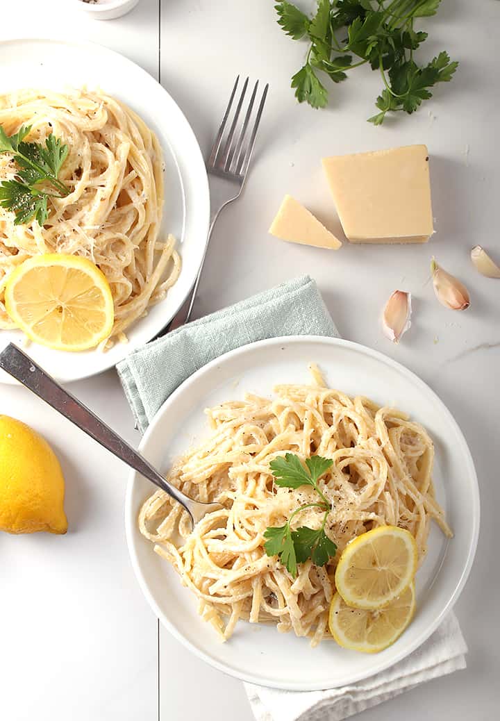 Vegan pasta wrapped around a fork