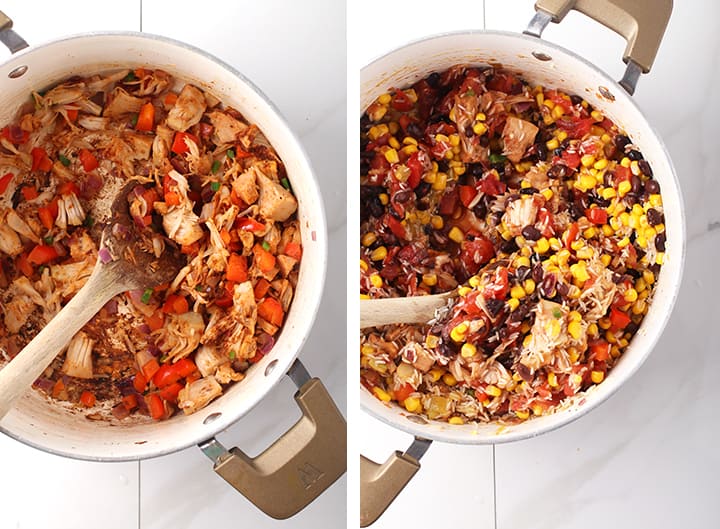 Jackfruit and bell peppers in a large pot