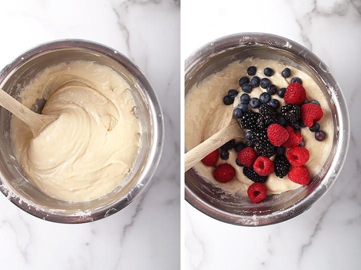 Batter for muffins in a metal bowl