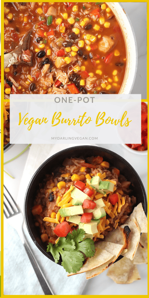 Make your meal planning easy with this AMAZING vegan and gluten-free, one-pot, burrito bowl recipe. Filled with seasoned jackfruit, black beans, corn, and rice for a hearty and healthy meal the whole family will love. Made in under 30 minutes! 