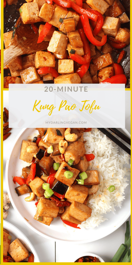 You're going to love this Kung Pao Tofu. Tofu marinated in a sweet, spicy, and salty sauce and sautéed with bell peppers, red chilis, and eggplant for an easy vegan and gluten-free meal. Made in under 30 minutes! 