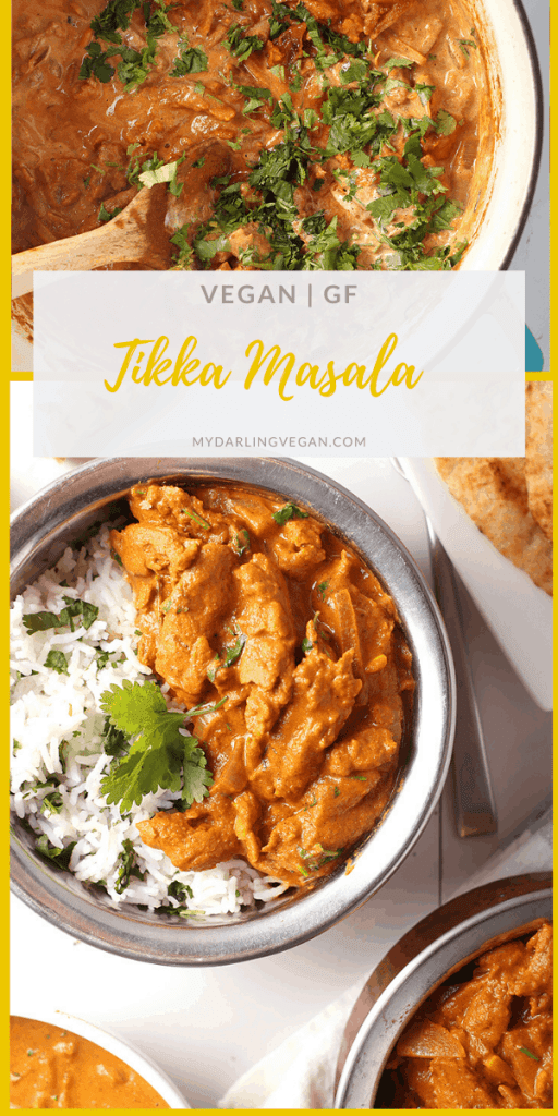 Amazing Vegan Tikka Masala! It's an Indian-spiced masala sauce stewed with marinated soy curls and served over cilantro rice for a delicious vegan and gluten-free meal. Serve it with homemade naan and salad.