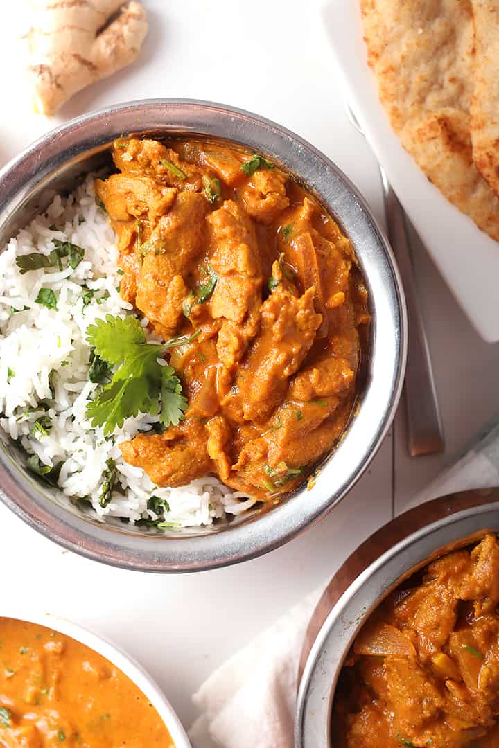 Vegan Tikka Masala with Soy Curls in a copper bowl