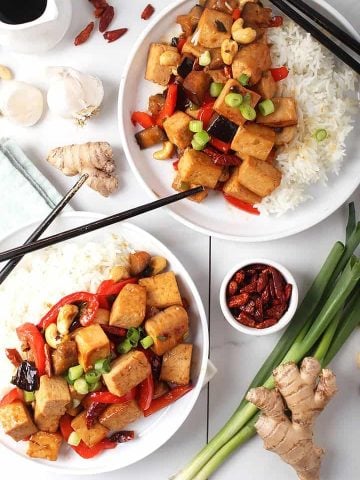 Kung Pao Tofu on two white plates
