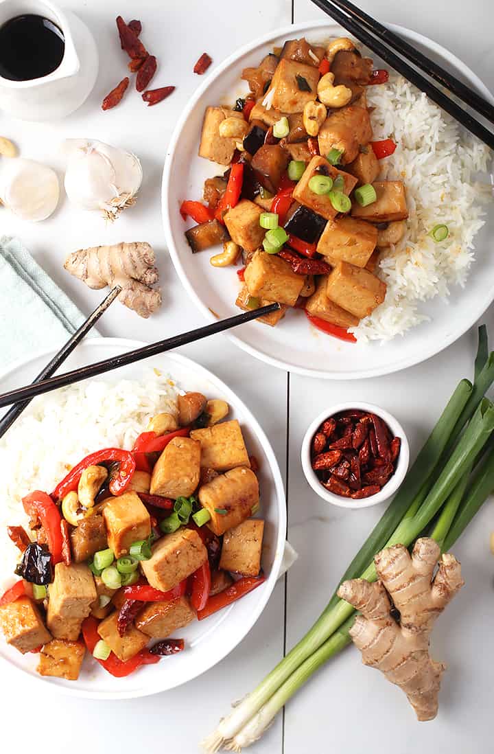 Kung Pao Tofu on two white plates