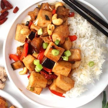 Kung Pao Tofu on white plate