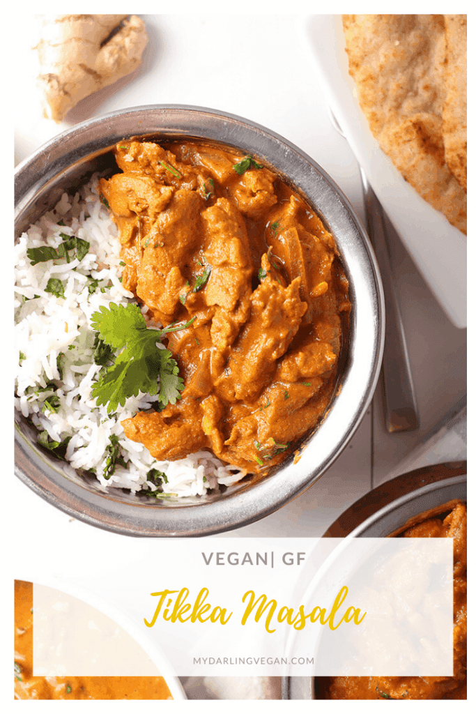Amazing Vegan Tikka Masala! It's an Indian-spiced masala sauce stewed with marinated soy curls and served over cilantro rice for a delicious vegan and gluten-free meal. Serve it with homemade naan and salad.
