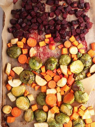 Roasted carrots, parsnips, sweet potatoes, and beets