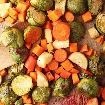 Roasted vegetables on a baking sheet