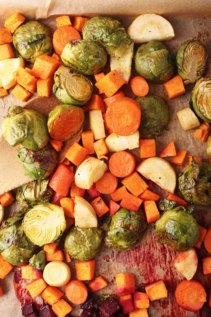 Roasted vegetables on a baking sheet