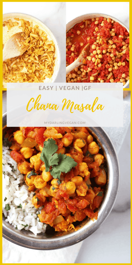 Enjoy this DELICIOUS and Easy Indian Chana Masala tonight! Made in just one pot in under 30 minutes, everyone will love this vegan and gluten-free dinner. Serve with rice or vegan naan. 