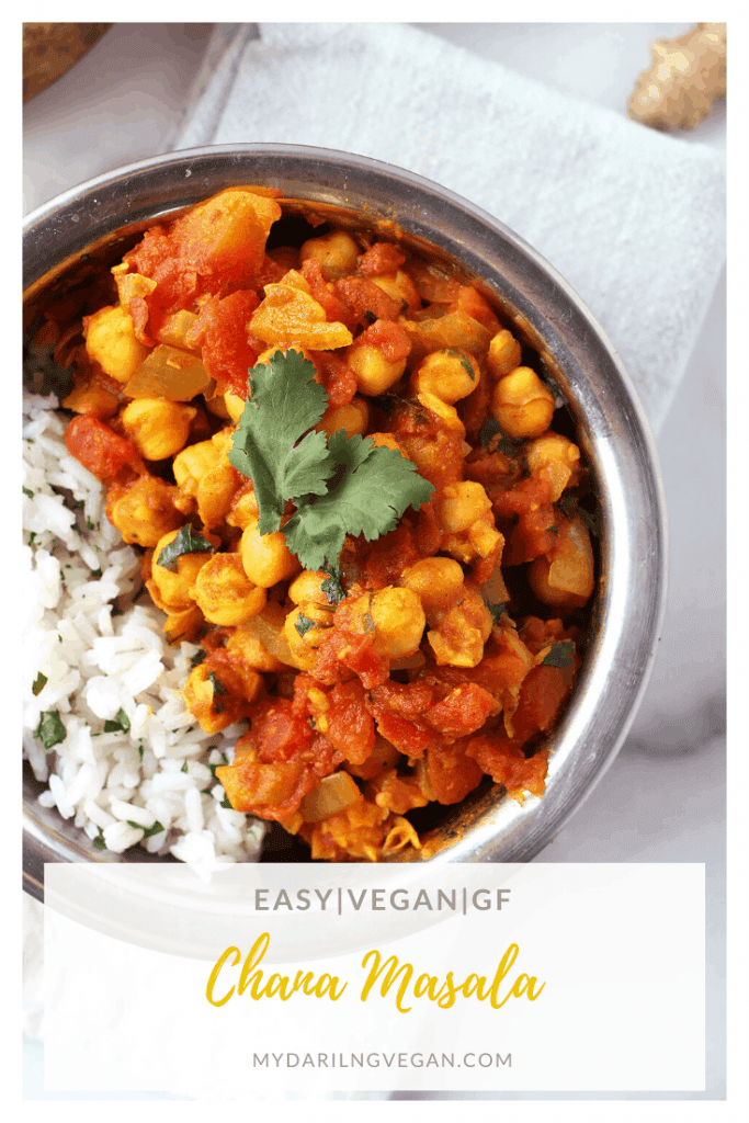 Enjoy this DELICIOUS and Easy Indian Chana Masala tonight! Made in just one pot in under 30 minutes, everyone will love this vegan and gluten-free dinner. Serve with rice or vegan naan. 