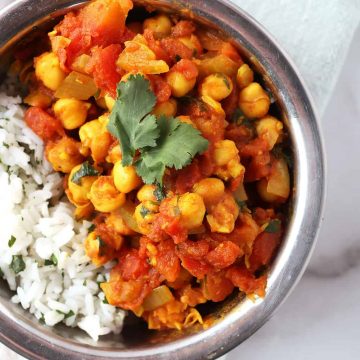 Vegan Chana Masala in copper bowl