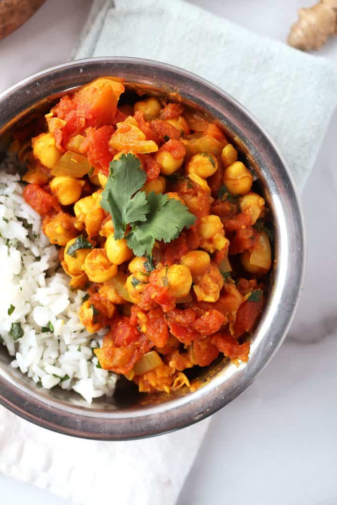 Vegan Chana Masala in copper bowl