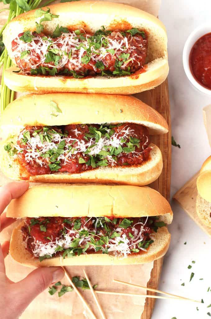 Vegan Meatball Subs on wooden platter