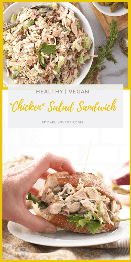 A Vegan Chicken Salad everyone will love. This traditional salad is made with green jackfruit and mixed with celery, onions, and pickles for a healthy twist on a classic salad. Soy and gluten-free! 