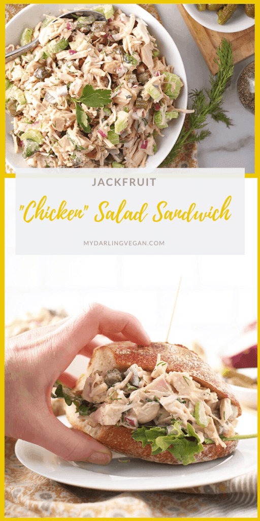 A Vegan Chicken Salad everyone will love. This traditional salad is made with green jackfruit and mixed with celery, onions, and pickles for a healthy twist on a classic salad. Soy and gluten-free! 