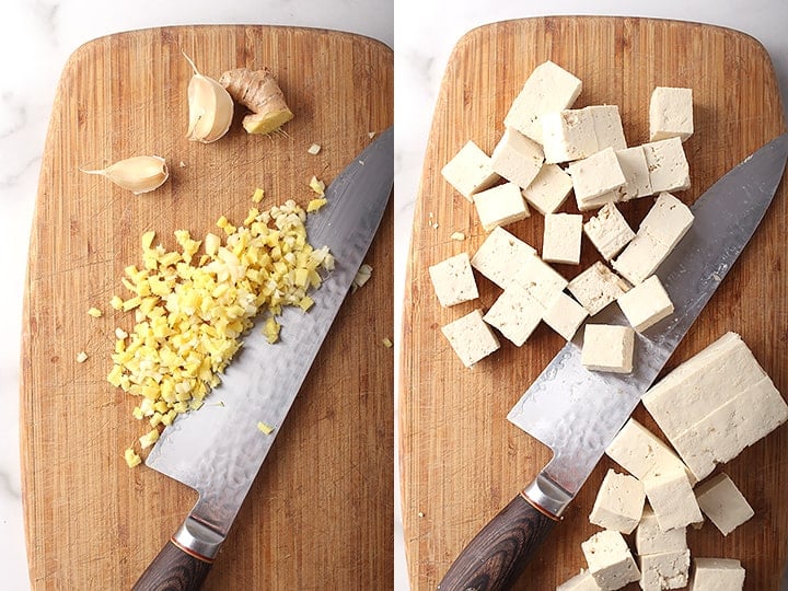 Minced garlic and ginger and cubed tofu