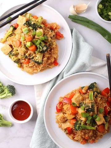 Teriyaki Tofu and Rice on two plates