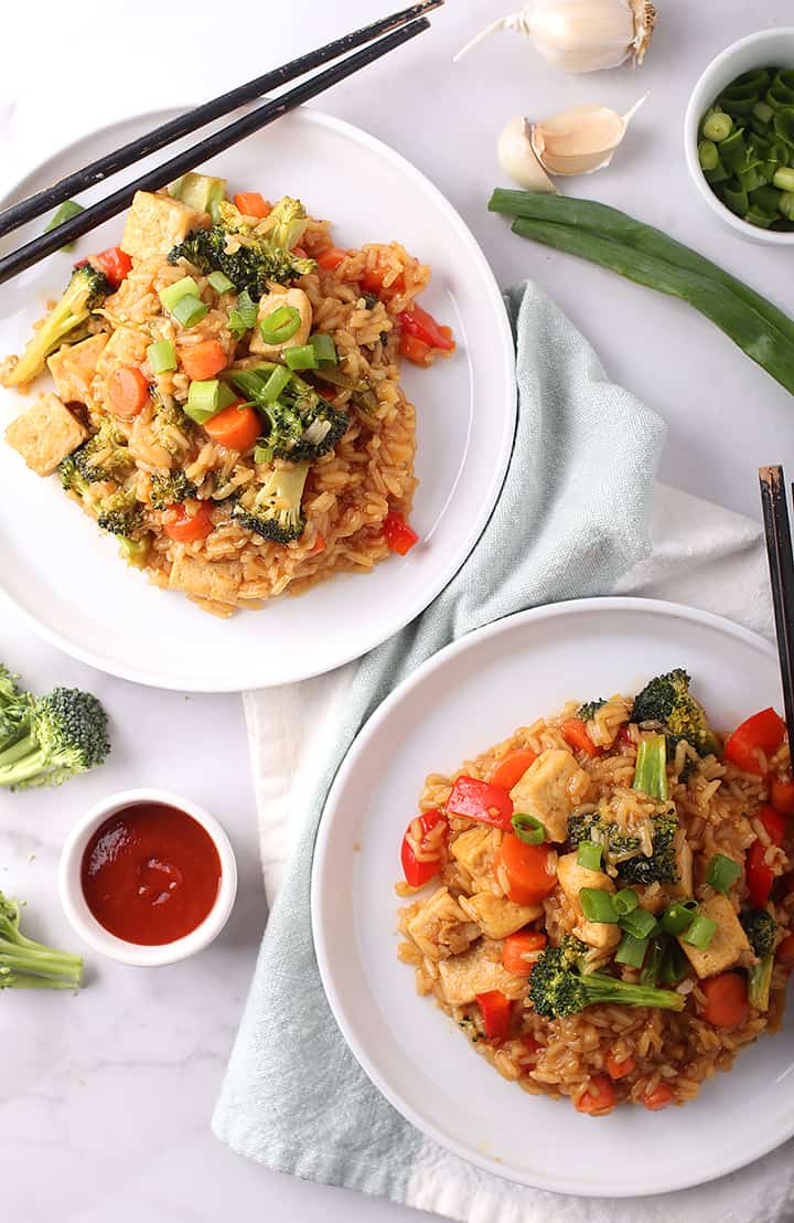 Teriyaki Tofu and Rice on two plates