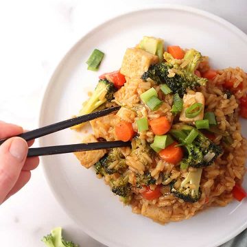 Teriyaki Tofu and Rice with chopsticks