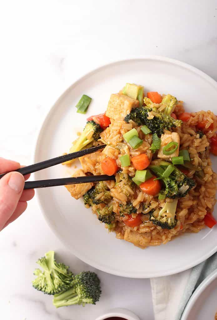 Teriyaki Tofu and Rice with chopsticks