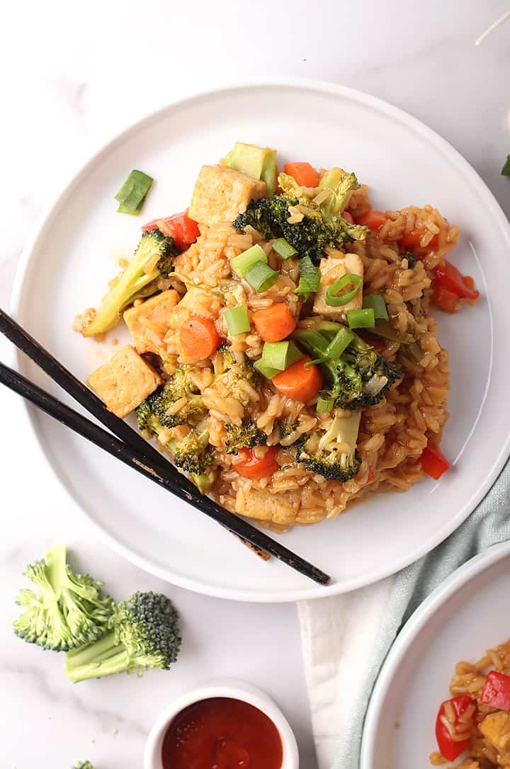 Teriyaki Tofu and Rice on white plate