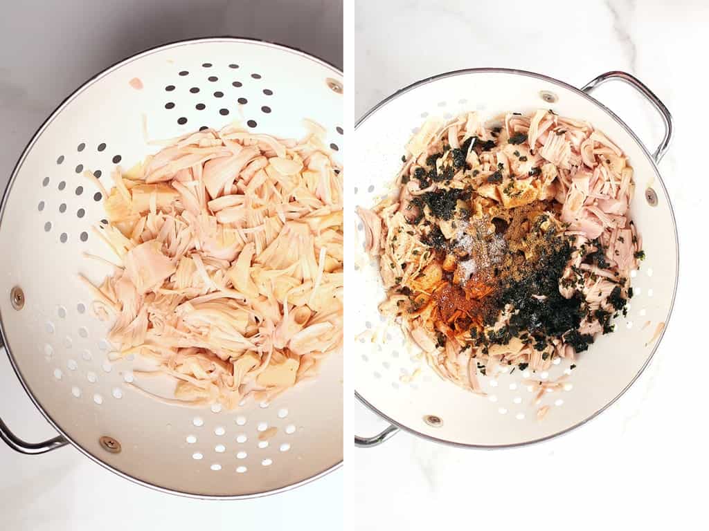 Jackfruit and spices in a white colander