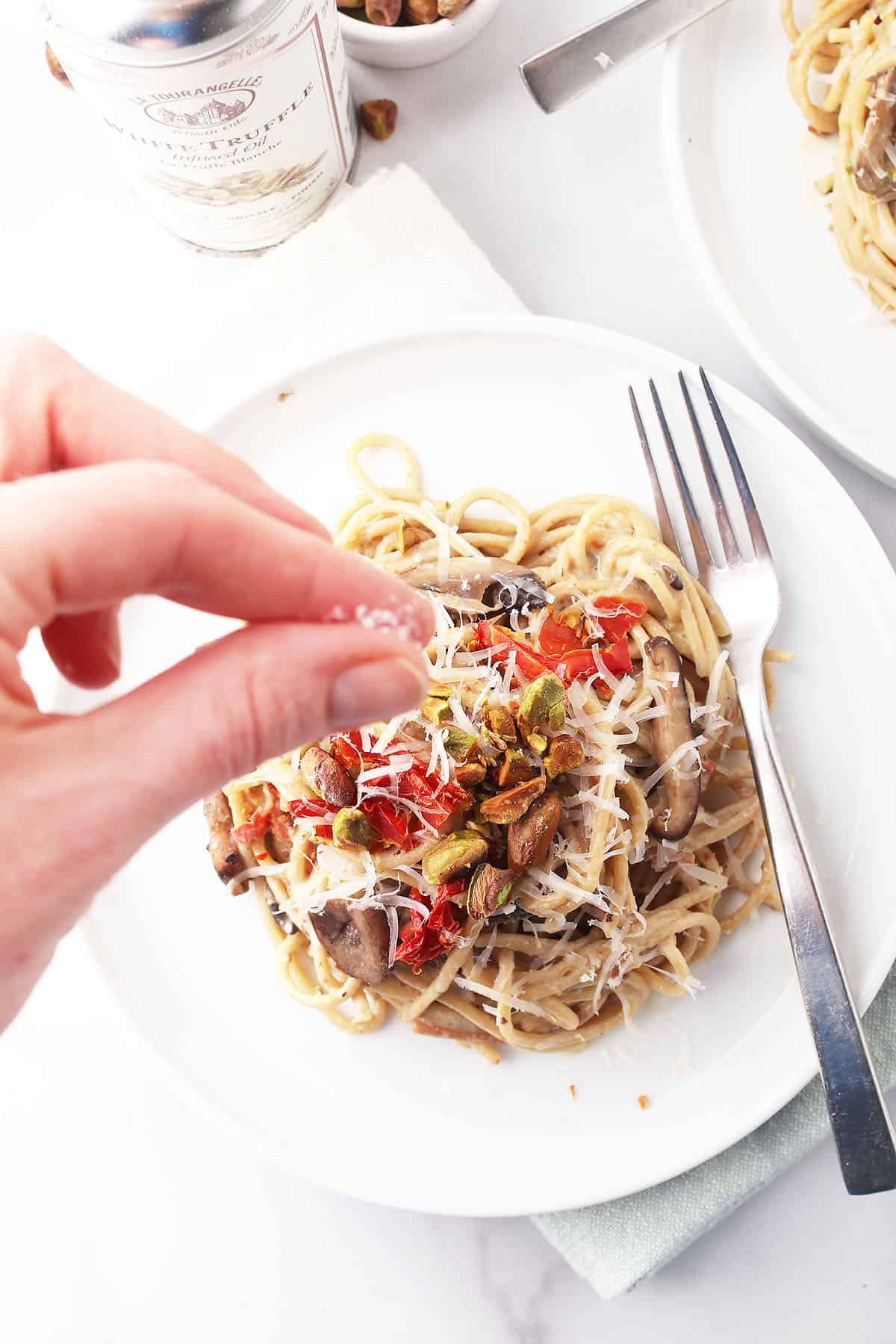 Truffle salt sprinkled on finished pasta