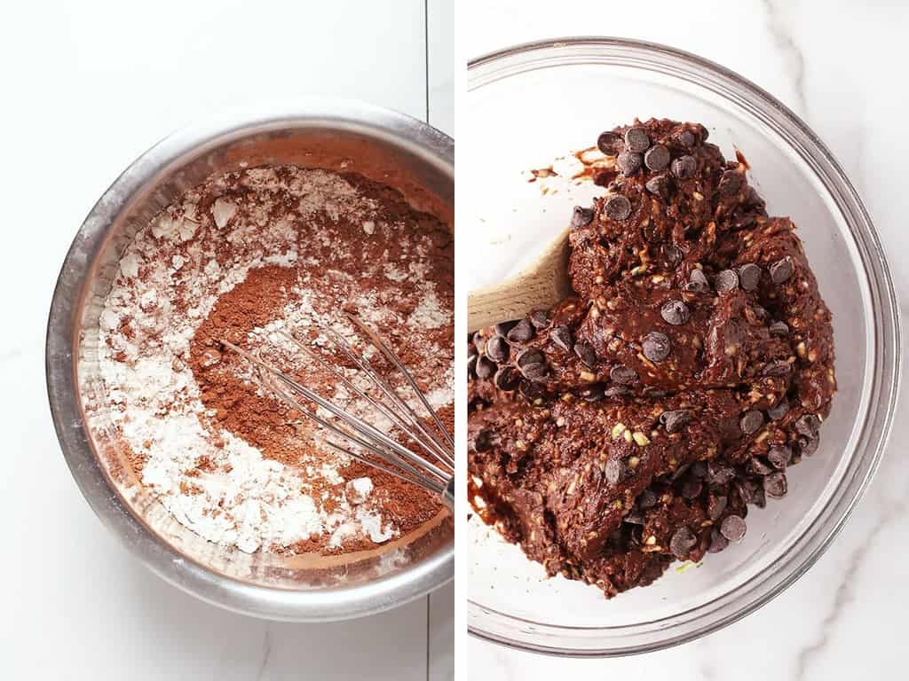 Dry ingredients mixed in a metal bowl with a whisk