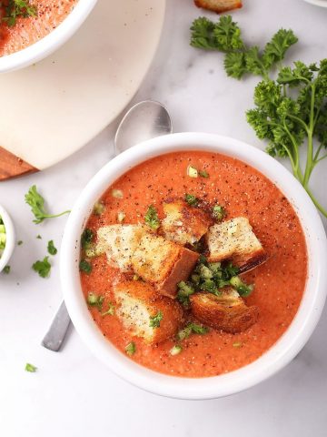 Bowl of gazpacho with homemade croutons