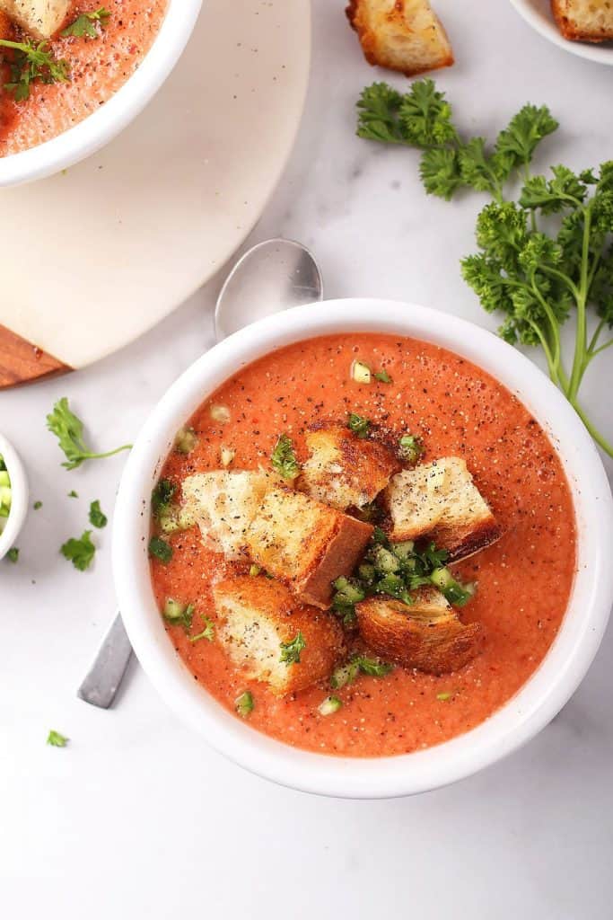 Bowl of gazpacho with homemade croutons
