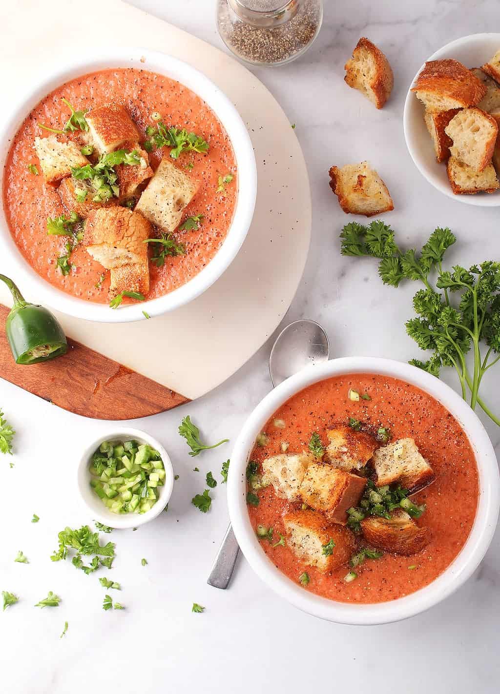 Finished soup in two white bowls