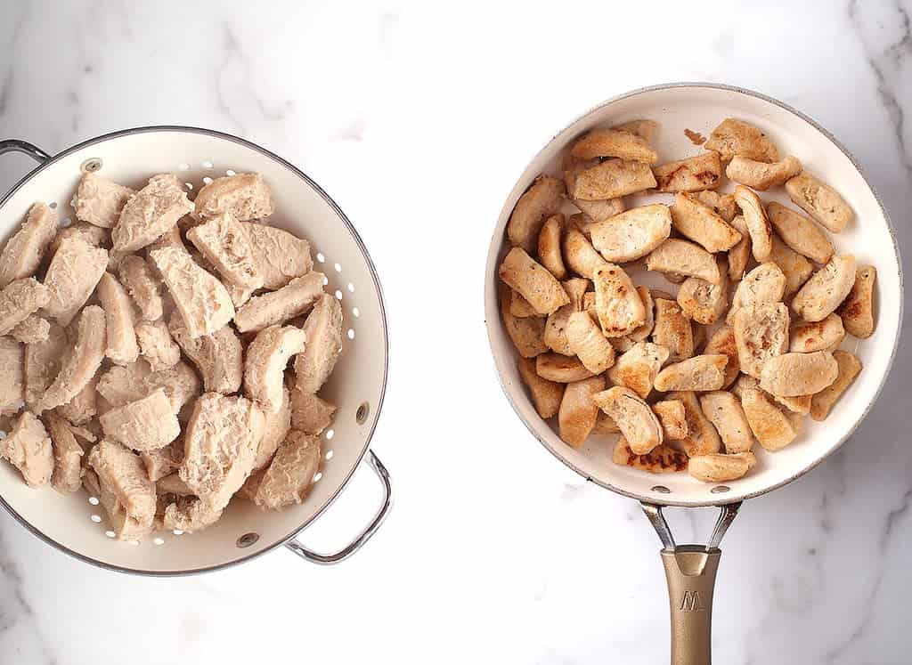 Crispy soy nuggets in sauté pan