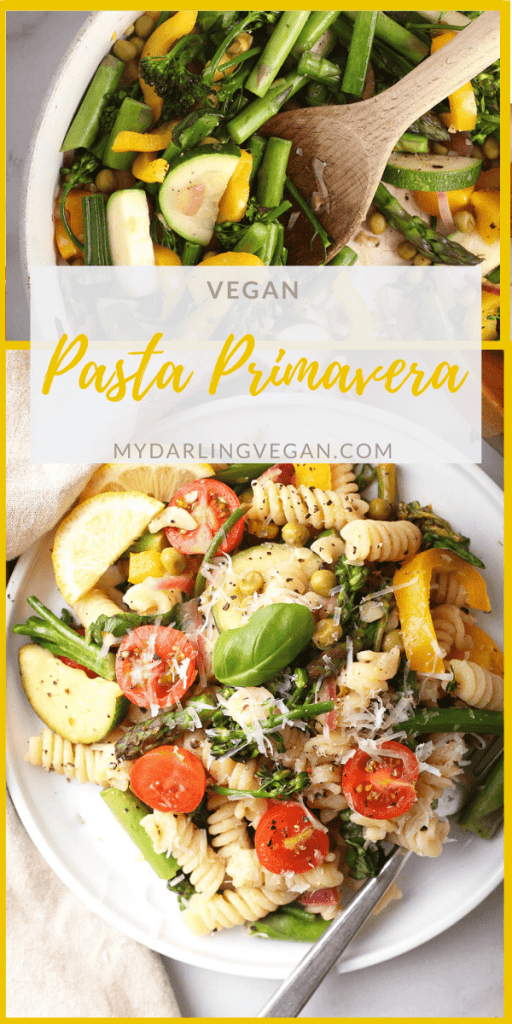 Vegan Pasta Primavera! It's a light and refreshing pasta dish made with fresh spring vegetables and Fusilli pasta tossed with fresh lemon juice, vegan parmesan cheese, and salt and pepper. Made in under 20 minutes!