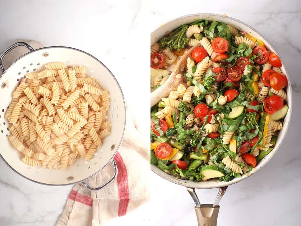 White fusilli pasta in a white colander