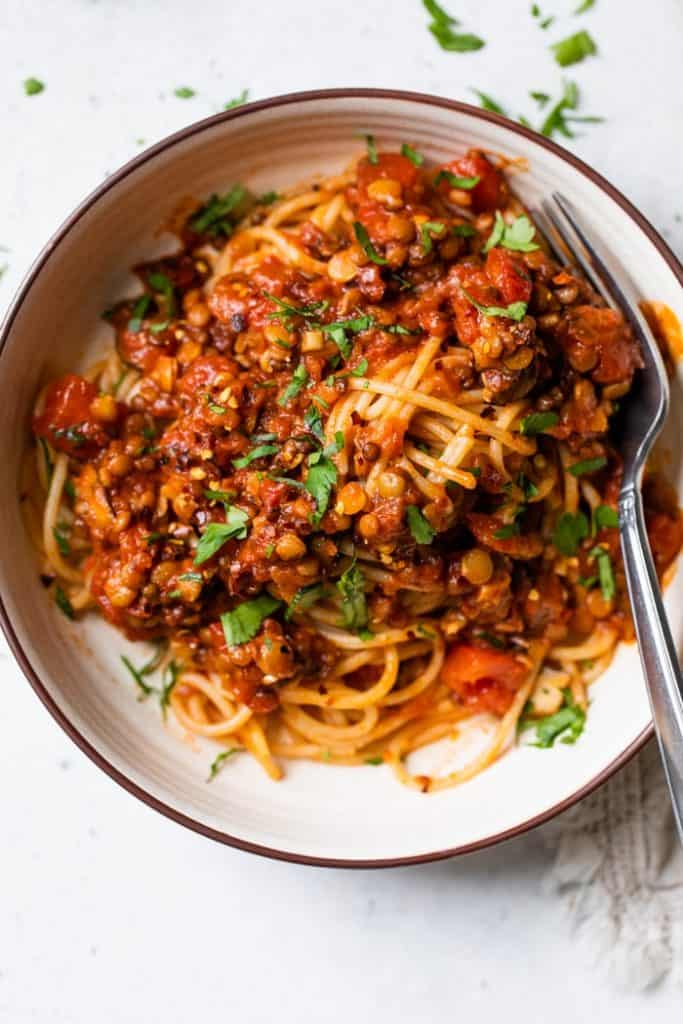 Lentil Bolognese over pasta