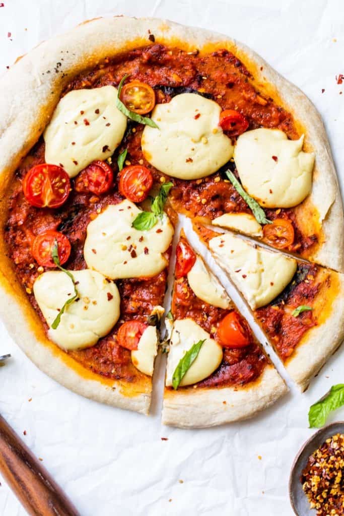 Vegan pizza with homemade mozzarella 