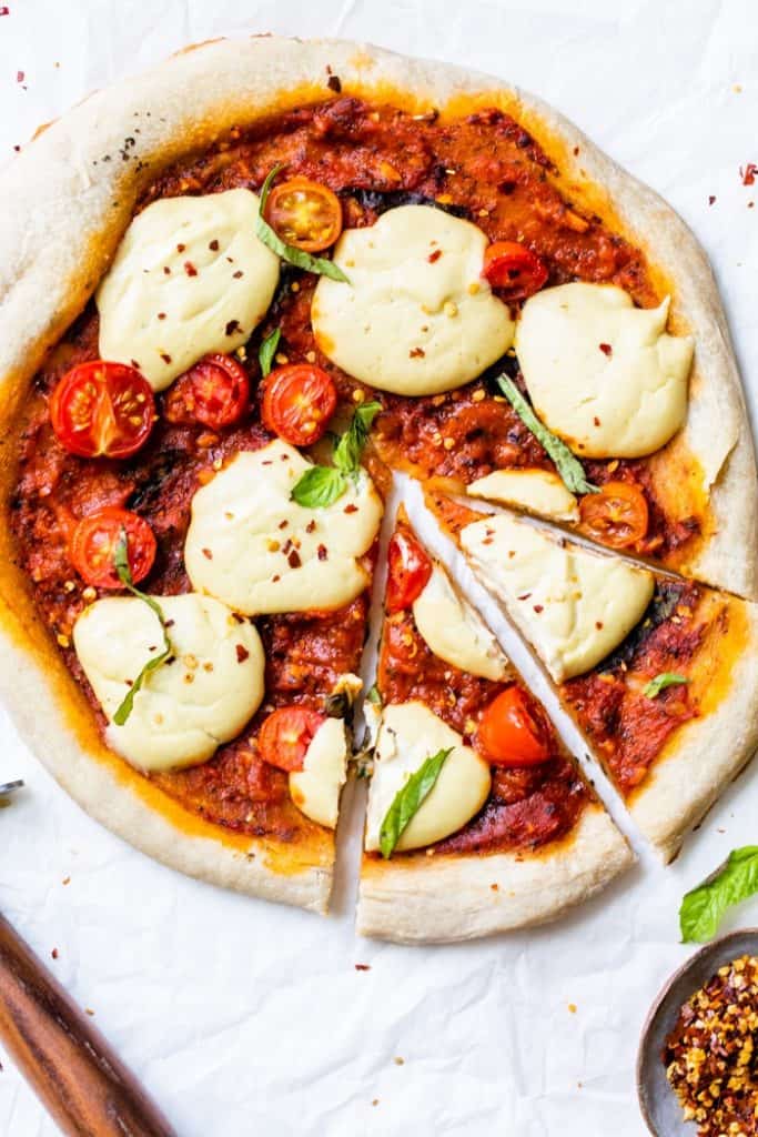 Vegan pizza with homemade mozzarella