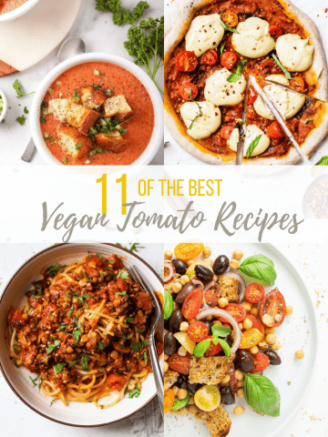 Tomatoes are the perfect late summer vegetable. They are sweet, tart, filled with nutrients, versatile, and oh so prolific. With so many delicious vegan tomato recipes to make, let’s celebrate!