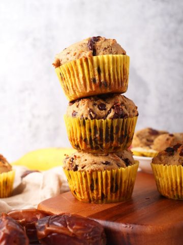 Stack of three vegan banana muffins