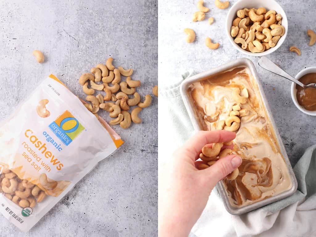 Roasted cashews mixed into homemade ice cream