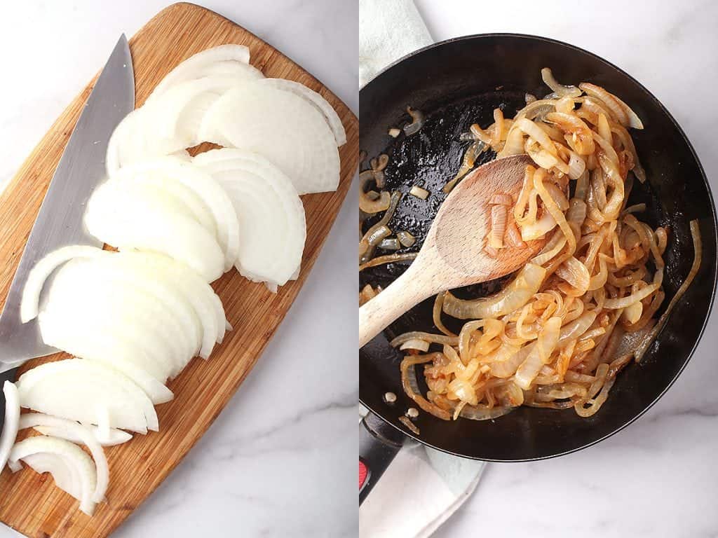 Chopped and sautéed onions in a large skillet