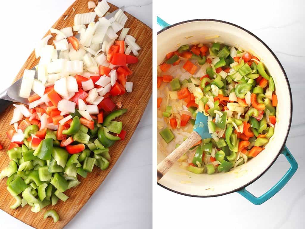 Chopped bell peppers and onions on a cutting board