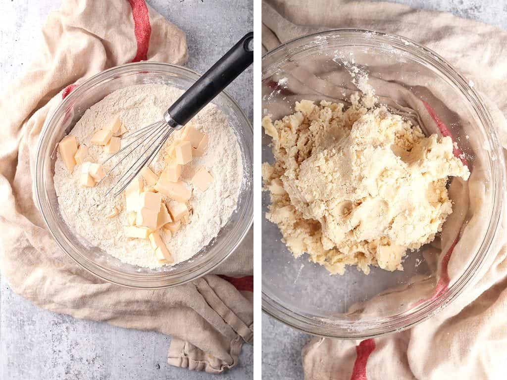 Pie dough in a glass mixing bowl