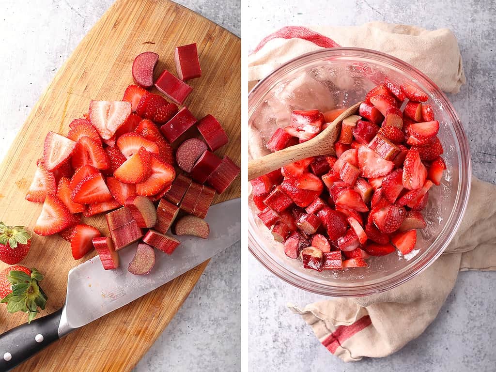 Sliced strawberries and rhubarb on a cutting board