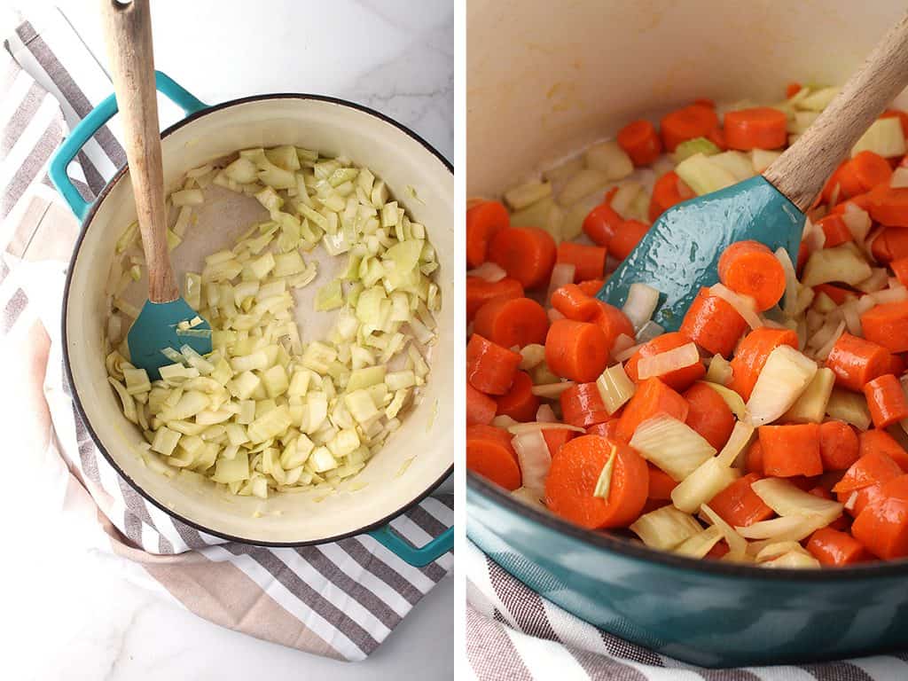 Sautéed onions and carrots in a soup pot