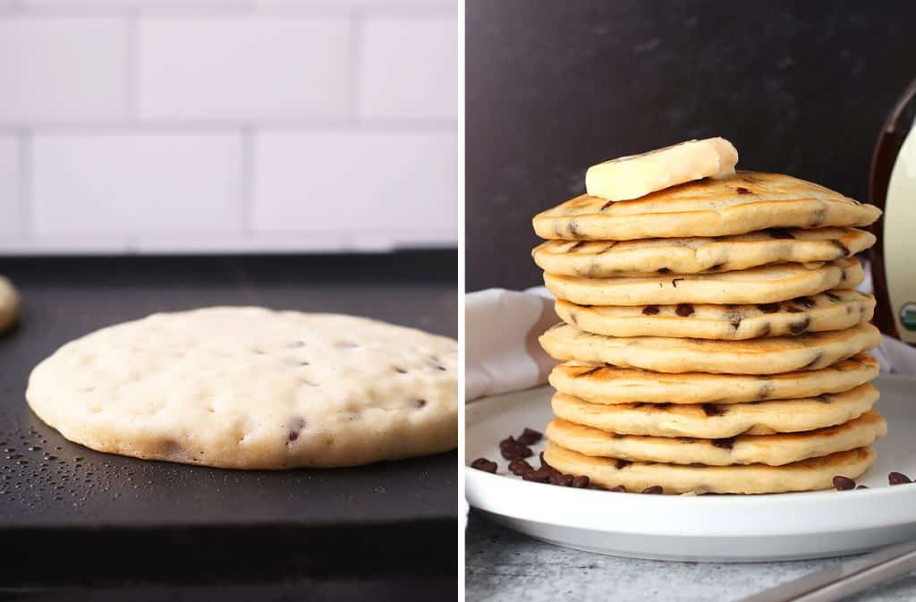 Pancakes cooking on a pancake griddle